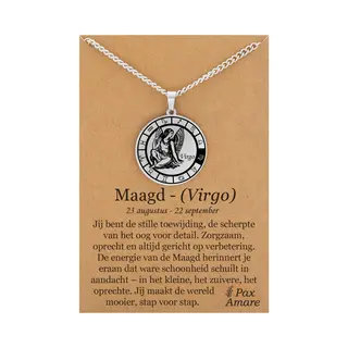 Sterrenbeeld Maagd (Virgo) Ketting Op Cadeau Kaartje - Zilverkleurig - Roestvrij Staal Zodiac Talisman - Stainless Steel - 60cm - Pax Amare
