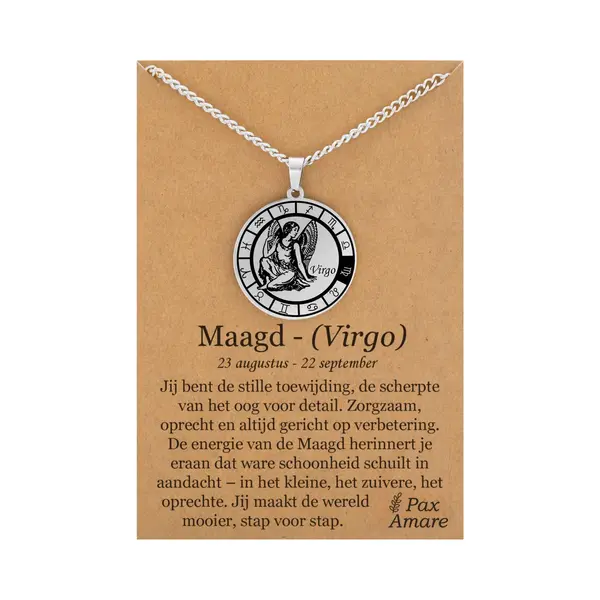 Sterrenbeeld Maagd (Virgo) Ketting Op Cadeau Kaartje - Zilverkleurig - Roestvrij Staal Zodiac Talisman - Stainless Steel - 60cm - Pax Amare thumbnail