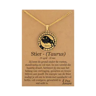 Sterrenbeeld Stier (Taurus) Ketting Op Cadeau Kaartje - Goudkleurig - Roestvrij Staal Zodiac Talisman - Stainless Steel - 60cm - Pax Amare