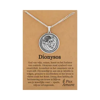 Griekse God Dionysos Ketting Op Cadeau Kaartje - Zilverkleurige Mythologie Talisman - Roestvrij Staal - 60cm - Pax Amare