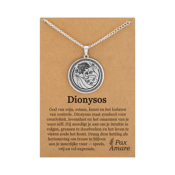Griekse God Dionysos Ketting Op Cadeau Kaartje - Zilverkleurige Mythologie Talisman - Roestvrij Staal - 60cm - Pax Amare thumbnail