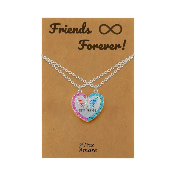 Pax Amare Bff Ketting Voor 2 ' Friends Forever' - Magnetisch Hartje Met Vlinder - Vriendschapsketting Op Cadeau Kaartje - 45cm + 5cm Verstelbaar - Zilverkleurig thumbnail