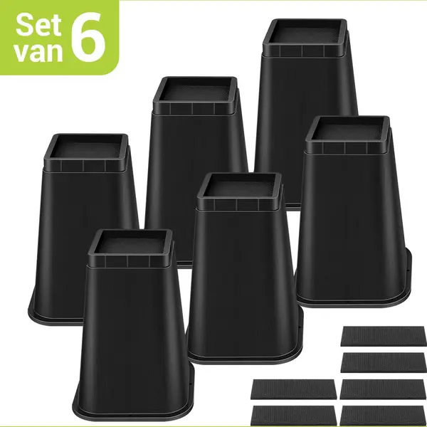 JustValue Meubelverhogers - Verstelbare Bedverhogers - Bedklossen - Set Van 6 - 20 Cm Verhoging - Antislip - Zwart thumbnail
