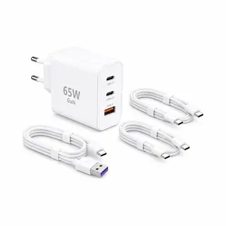 Vastiq Power® 3-in-1 65W GaN Snellader Set - Usb-C Oplader Adapter - 2x Usb-C Pd + 1x Usb-A - Inclusief 3x 2 Meter 65W Kabel - Wit