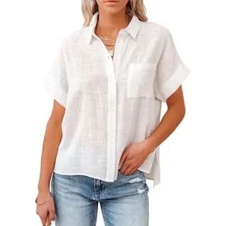 RedParrot Linnen Dames Blouse Wit - Korte Mouwen - Fashion - Zomer - Maat S