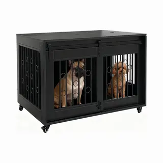 HuisenDier Hondenhok Op Wieltjes - Bench Voor 2 Honden Verrijdbaar - Hondenbech - Voor Puppy En Kleine Honden - 2 Afzonderlijke Ruimtes