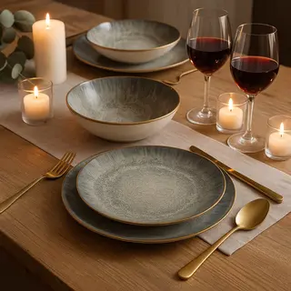 Casa Di Elturo 12-delige Porseleinen Serviesset Elysian – Groen/Beige – 4 Dinerborden, 4 Dessertborden & 4 Kommen