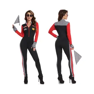 Joya Party® Verkleedpak Formule Sexy Pitspoes Vrouw Volwassenen | Racing Verkleed Pak | Circuit Race Jumpsuit Met Handschoenen & Startvlag | Stretch