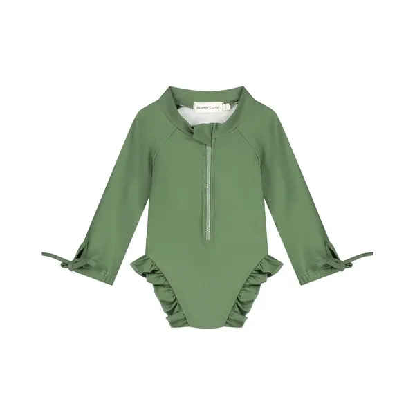 Supercute Badpak Uv-Zwempak - UPF50+ Donkergroen Met Lange Mouwen, Ruffels Maat 128 thumbnail
