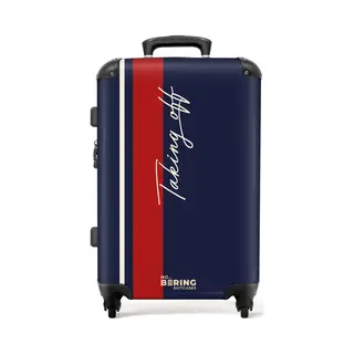NoBoringSuitcases.com® - Koffer Groot - Rolkoffer Lichtgewicht - Donkerblauw Met Rode Streep En Tekst Taking Off - Reiskoffer Met 4 Wielen - Valies