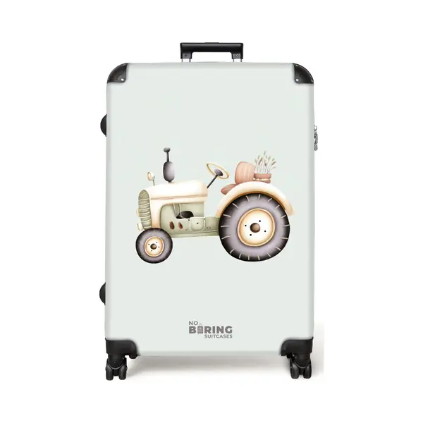 NoBoringSuitcases.com® - Koffer Groot - Reiskoffer Lichtgewicht - Beige Vintage Tractor In Pastel Groene Kleuren - Rolkoffer Met 4 Wielen - Grote thumbnail
