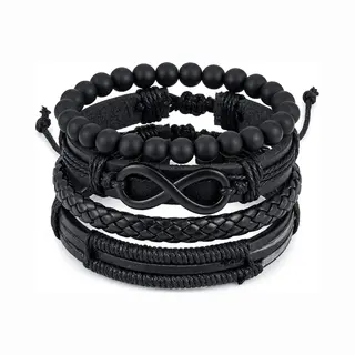 Nuvex 4 Delige Set Zwarte Armbanden Voor Heren En Dames – Combinatie Van Imitatieleer En Kralen – Verstelbaar – Met Infinity Symbool – Unisex Design