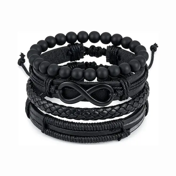 Nuvex 4 Delige Set Zwarte Armbanden Voor Heren En Dames – Combinatie Van Imitatieleer En Kralen – Verstelbaar – Met Infinity Symbool – Unisex Design thumbnail
