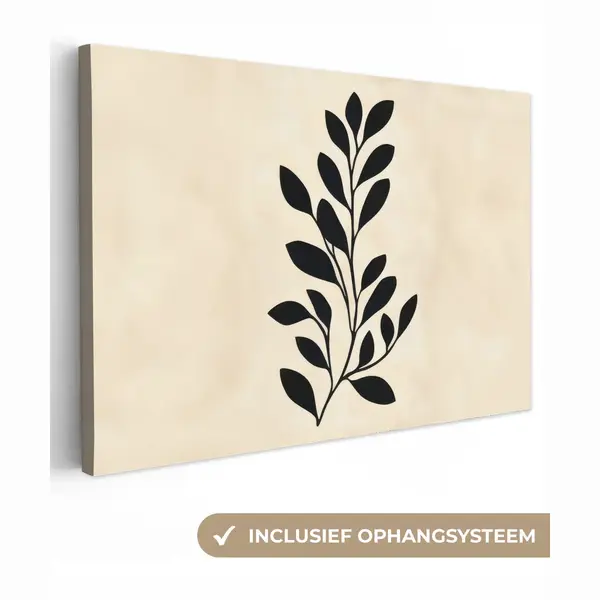 OneMillionCanvasses Canvas Schilderij 30x20 Cm - Exclusieve Wanddecoratie Minimalistisch - Tak - Bladeren - Zwart - Muurdecoratie Woonkamer - Slaapkamer Decoratie - Kamer thumbnail