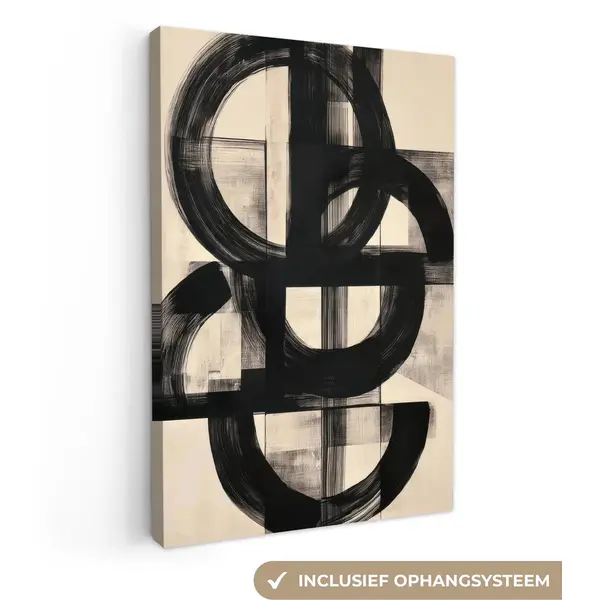 OneMillionCanvasses Canvas Schilderij 40x60 Cm - Exclusieve Wanddecoratie Cirkels - Lijnen - Vormen - Zwart - Muurdecoratie Woonkamer - Slaapkamer Decoratie - Kamer thumbnail