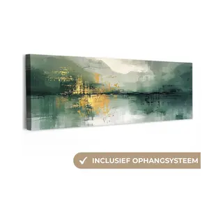 OneMillionCanvasses Canvas Schilderij 60x20 Cm - Wanddecoratie Groen - Modern - Abstract - Goud - Muurdecoratie Woonkamer - Slaapkamer Decoratie - Kamer Accessoires -