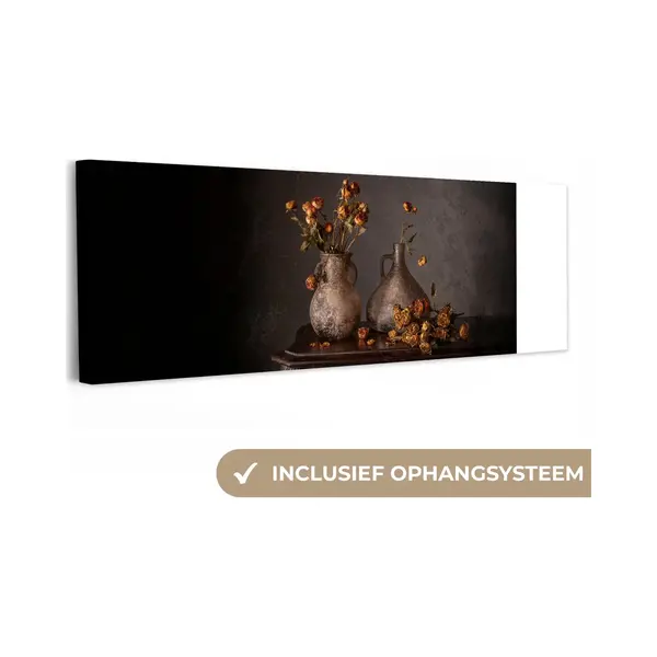 OneMillionCanvasses Canvas Schilderij 90x30 Cm - Wanddecoratie Stilleven - Bloemen - Vaas - Donker - Muurdecoratie Woonkamer - Slaapkamer Decoratie - Kamer Accessoires - thumbnail