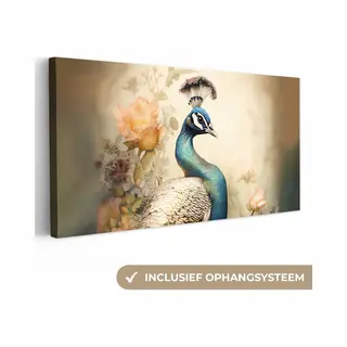 OneMillionCanvasses Canvas Schilderij 200x100 Cm - Wanddecoratie Pauw - Pauwenveren - Bloemen - Vogels - Botanisch - Muurdecoratie Woonkamer - Slaapkamer Decoratie -