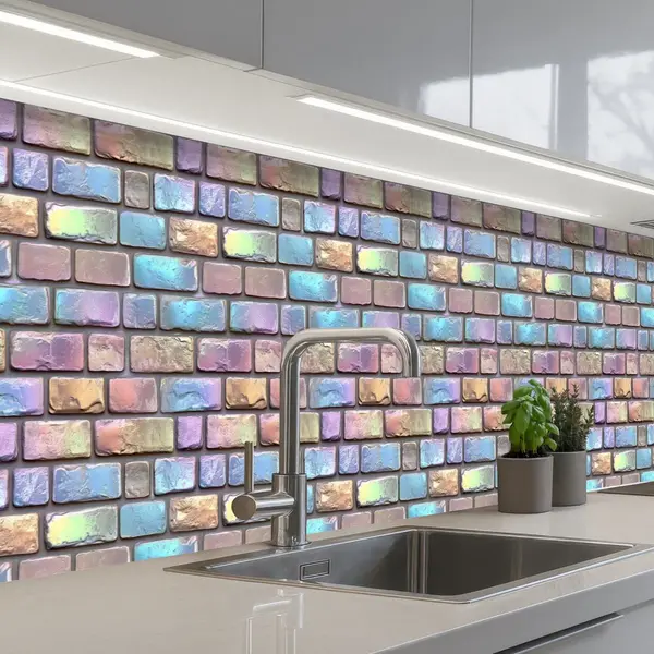 KitchenYeah Keuken Achterwand 350x60 Cm - Spatscherm Zelfklevend Stenen - Regenboog - Metallic - Muurbeschermer - Spatwand Fornuis thumbnail
