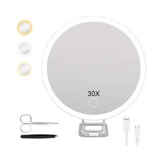 Ynkkvre - 30x Vergrotende Spiegel Met Licht - Douche Spiegel Met Zuignap - Hangende Make-up Spiegel Met Verlichting - 3 Kleuren Dimbaar - Oplaadbare