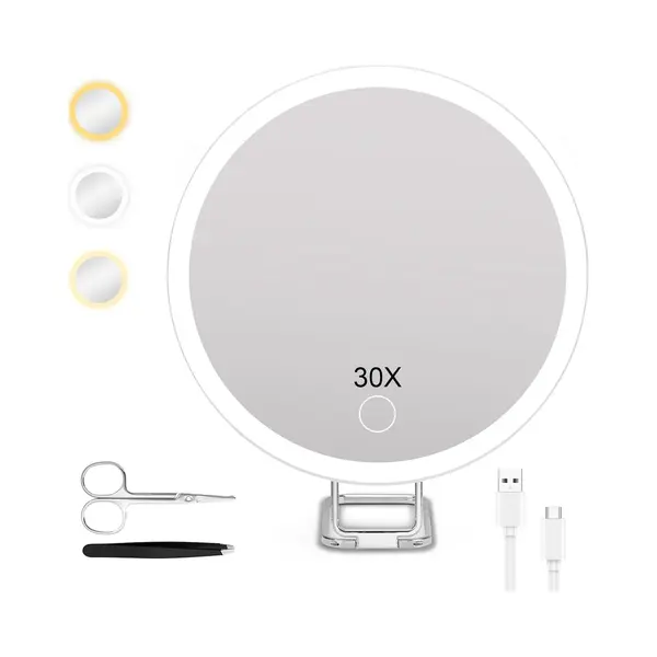 Ynkkvre - 30x Vergrotende Spiegel Met Licht - Douche Spiegel Met Zuignap - Hangende Make-up Spiegel Met Verlichting - 3 Kleuren Dimbaar - Oplaadbare thumbnail