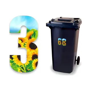 Huisnummer Kliko Sticker - Nummer 3 - Zonnebloem - Container Sticker - Afvalbak Nummer - Vuilnisbak - Brievenbus - CoverArt