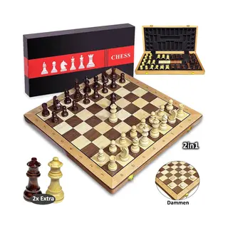 Schaak & Dam Set - Opvouwbaar Houten Schaakbord - 43x43 Cm - 2in1 Chess & Checkers Wood - Schaken En Dammen