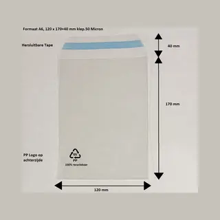 Tieke Packaging 100x - Cellofaan Zakjes - A6 - 120x170+30 Mm – Plastic Zakjes Met Plakstrip - 50 Micron - Transparant - Pp Zakjes 100% Recyclebaar