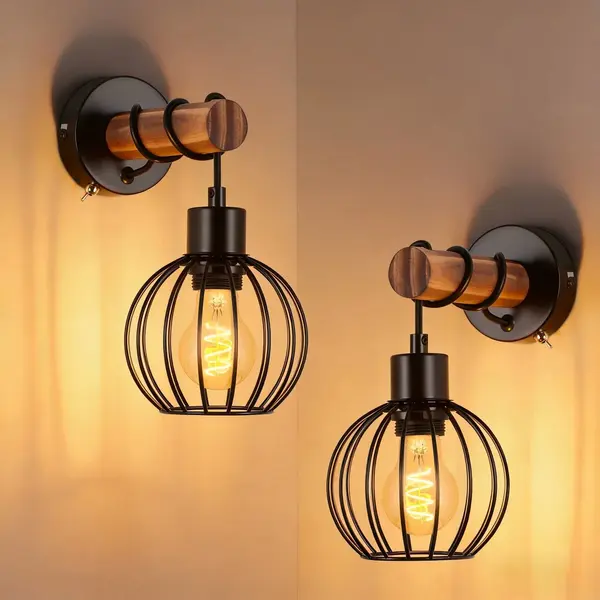 Nettlife Wandlamp 2 Stuks - Hout - E27 Fitting - Zwart - 14.5CM - Vintage Wandverlichting - Met Schakelaar - Industriële Wandspot - Metaal - Voor thumbnail