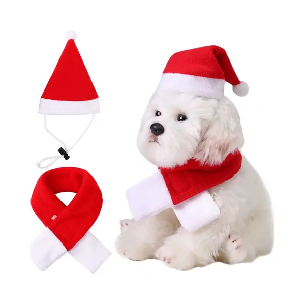 Merkloos,merkloos Kerst Sjaal Voor Hond/Kat - Met Hoed - 52cm - Honden Kerstsjaal - Katten Kerstsjaal - Huisdier Kerstsjaal - Honden Das Rood - Kerstpakje Voor Honden thumbnail