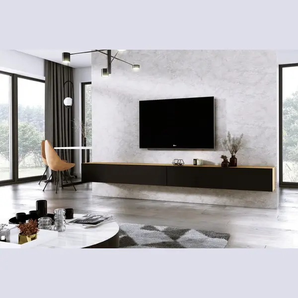 Meubel Square - Tv Meubel Diamond - Eiken / Mat Zwart - 300cm (2x150cm) - Hangend Tv Kast thumbnail