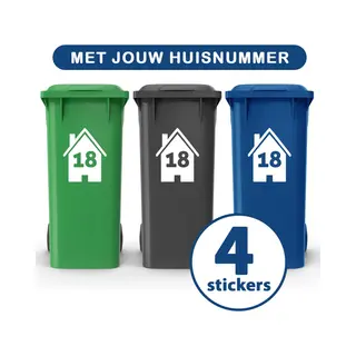 Kleurmedia Container Stickers - Voordeelset 4 Stuks - 15x20 Cm - Container / Kliko Sticker Huisnummer - Afvalcontainer Sticker - Klikosticker - Wit - Huis Met