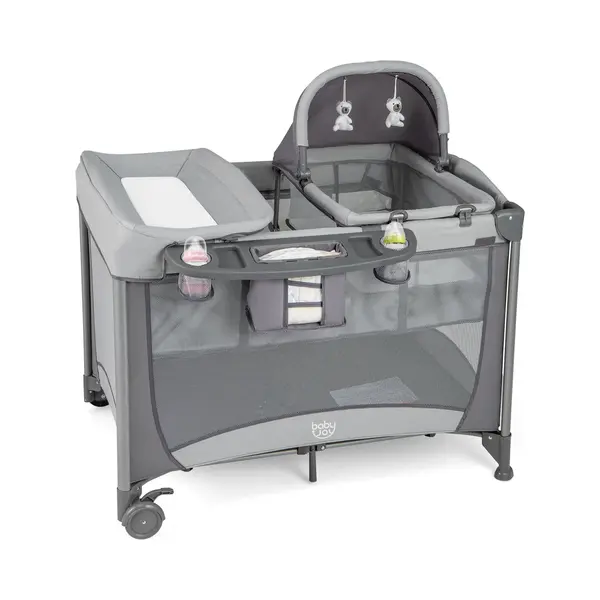 Costway 5-in-1 Babybed, Mobiel, Reisbed & Box, Luiertafel En Wieg, Opvouwbaar, 2 Niveaus, Kinderbed Met Speelgoed, Matras, Opbergmand, Draagtas En thumbnail