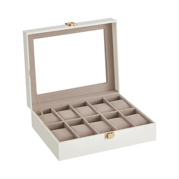Songmics Uhrenbox Mit 10 Fächern, Uhrenkasten, Glasdeckel, Uhrenkoffer, Herausnehmbare Uhrenkissen, Metallverschluss, Geschenkidee, Pu-Bezug In thumbnail