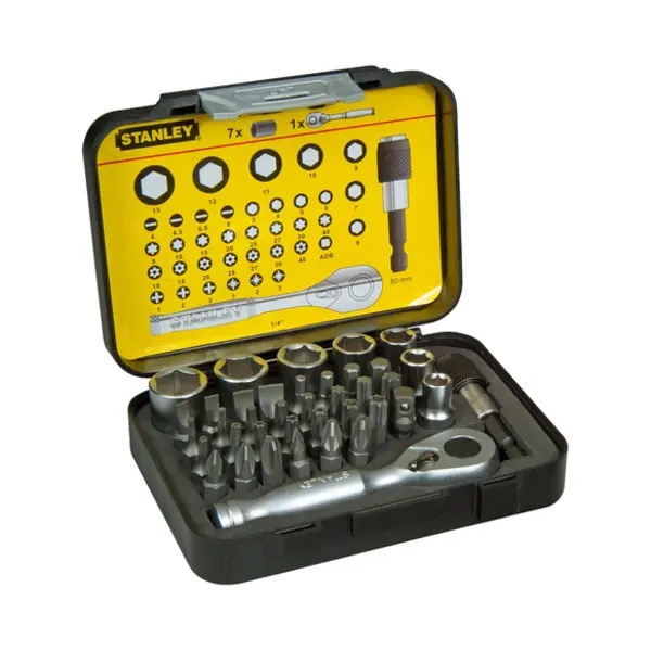 Stanley 1/4 Bit-Satz 25mm mit Mini-Umschaltknarre und Steckschlüsseln 39-teilig thumbnail