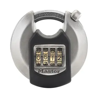 Master Lock 70mm wide Excell zinc discus padlock with shrouded shackle; set-your-own combination