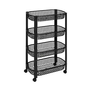 5Five Keuken/badkamer Trolley 4 Laags - L46 X B25 X H79 Cm - Zwart - Kunststof - Met Wielen - Opberg Mandjes/bakjes