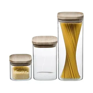 5Five Set Van 3x Voedsel Voorraadpotten - Glas Met Houten Deksel - 500 Ml - 1000 Ml - 1800 Ml - Luchtdichte Deksel
