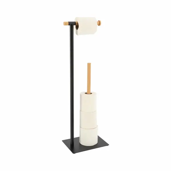 Tendance Toiletrolhouder En Reserverolhouder - Vrijstaand - Zwart - Metaal/bamboe - 70 Cm thumbnail
