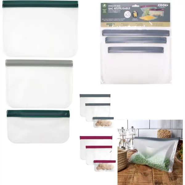 Cook Concept Set Van 3 Maten - Herbruikbare Zakken - Hersluitbare Diepvries Zakken - Bewaarzakjes - Broodzakjes thumbnail