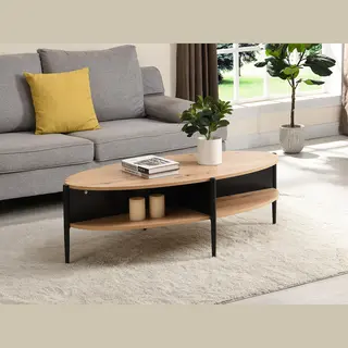Vente-unique -Ovale Salontafel Met 4 Nissen In Mdf En Metaal - Natuurlijk Licht En Zwart - Evaro