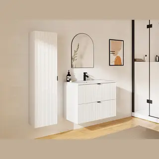 Vente-unique Waschbeckenunterschrank Hängend Mit Einbauwaschbecken & Badhochschrank - Streifenoptik - Weiß Matt - 80 Cm - Zevini