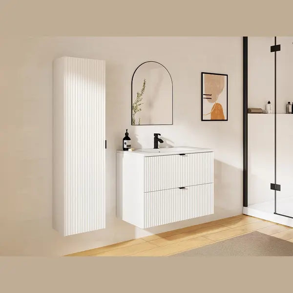 Vente-unique Waschbeckenunterschrank Hängend Mit Einbauwaschbecken & Badhochschrank - Streifenoptik - Weiß Matt - 80 Cm - Zevini thumbnail