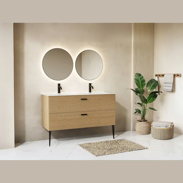 Vente-unique - Meuble Sous Vasque Strié Sur Pieds - 2 Tiroirs - Naturel Clair - 120 Cm - Sarone thumbnail