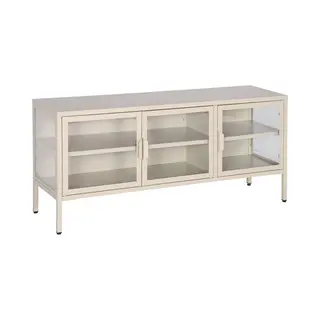 Sweeek Industrial Metal And Tempered Glass Tv Stand With 3 Doors 120cm, Arkansas, Beige, 120x35x55 Cm