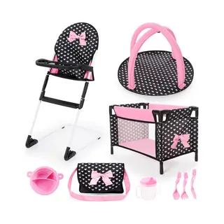 Bayer Design 61760AB Puppenbett, Hochstuhl, Tasche, Spielbogen, Puppenzubehör, Rosa, Schwarz