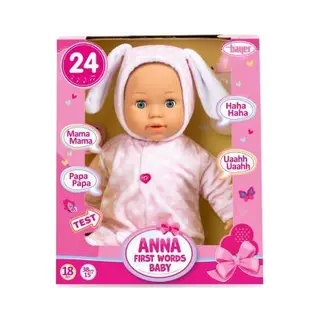 Bayer Design 93822AA Babypuppe Anna, Spricht 24 Babylaute, Weicher Körper, Schlafaugen, Schnuller, Flasche, 38 Cm, Rosa, Small