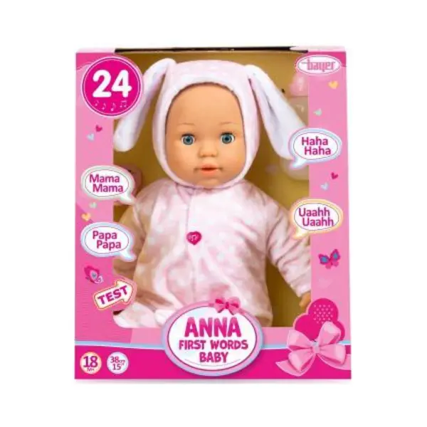 Bayer Design 93822AA Babypuppe Anna, Spricht 24 Babylaute, Weicher Körper, Schlafaugen, Schnuller, Flasche, 38 Cm, Rosa, Small thumbnail
