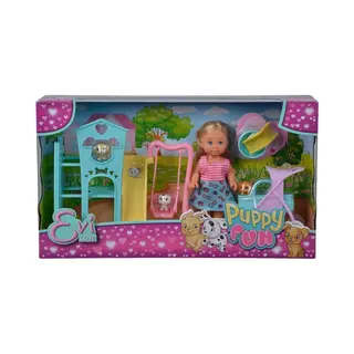 Simba 105733477 Evi Love Puppy Fun Pop Met Drie Schattige Puppy's En Een Leuke Ruimte Voor Honden, Schommels, Glijbaan En Kinderwagen, 2-in-1, 12 Cm,