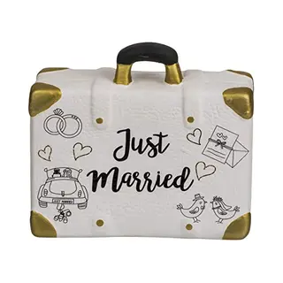 Out of the blue Keramik Spardose Koffer Mit Stopfen, Hübscher Geldkoffer Mit Aufschrift Just Married, 12, 5 X 14 X 5, Cm, Witzige Verpackung Für Geld-Geschenk Für